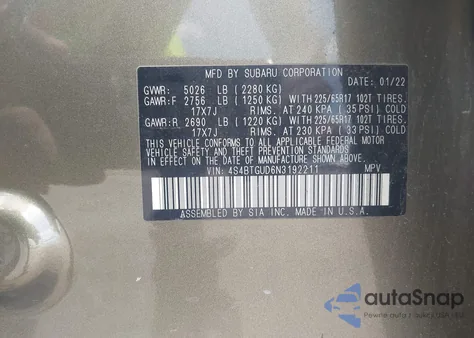 2022 Subaru Outback Wilderness z USA, uszkodzony, nr VIN 4S4BTGUD6N3192211